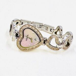 Vintage Fossil Watch 250503 Silver Tone Heart Bracelet MOP Dial & Crystals